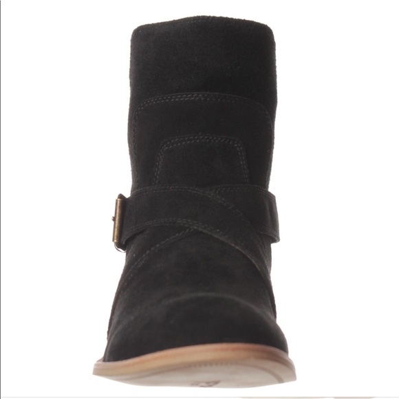Black Suede Mid Calf Ankle Buckle Flat Boots - Picture 3 of 5
